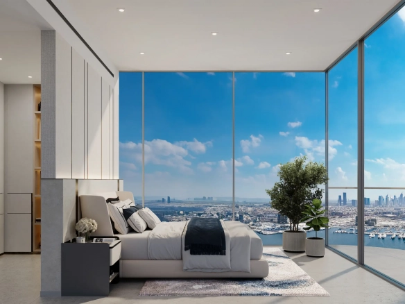 LIV Maritime Schlafzimmer mit Panoramasicht auf Meer und Burj Khalifa