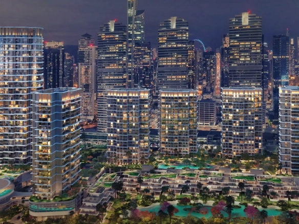 Night view of Serenia District community - Overlooking Dubai skyline
