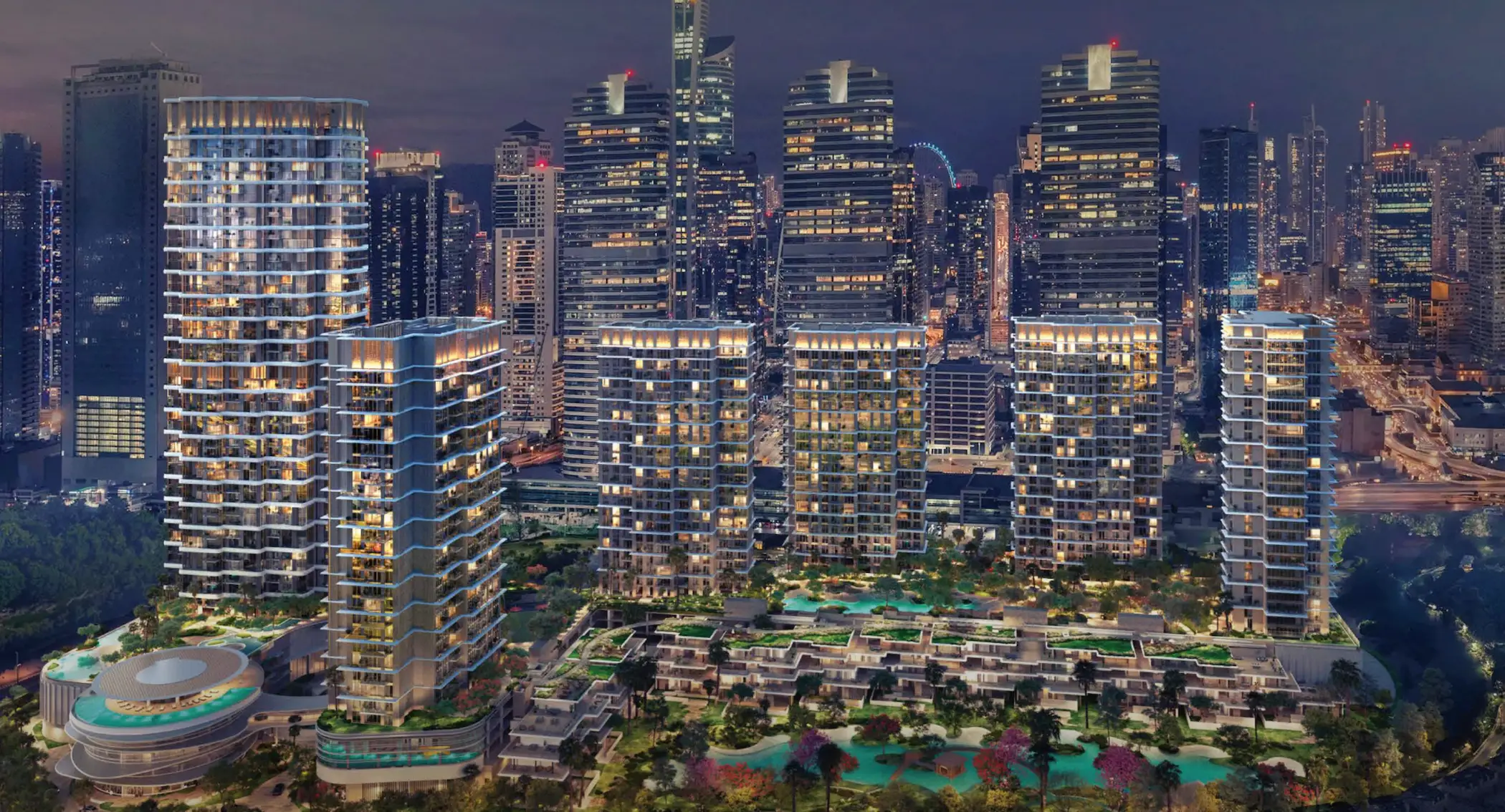 Night view of Serenia District community - Overlooking Dubai skyline